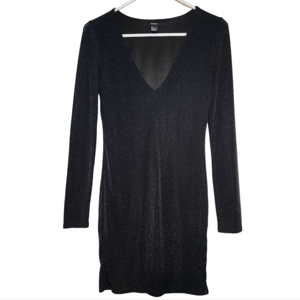 Forever 21 Long Sleeve V-Neck Bodycon Sparkly Mini Dress Size S Party Evening